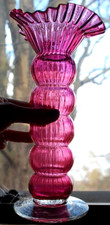 Vintage HANDBLOWN CRANBERRY GLASS VASE Ribbed Ball Stem RUFFLED RIM Clear Foot picture