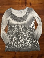 RXB Women White Gray Black Silver Studded Embellished Y2K Tunic T Shirt M - NEW picture