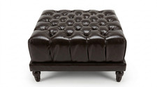 Luxury Dk Brown Tufted Leather Ottoman Bench w/ Turned Wood Legs – Chesterfield picture