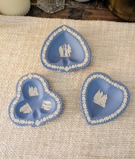 Wedgwood Blue Jasperware Pin Trinket Dishes Set of 3 Heart Spade Trefoil picture