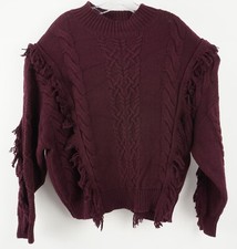 New Leith Cable Knit Fringe Sweater Women's Size 2X Burgundy Cotton Blend Mock picture