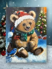 ACEO Christmas Bear and Bluebird Original Miniature Oil Painting 3.5x2.5 OOAK picture
