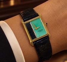 Vintage Raymond Weil 651-2 Tank Turquoise Black Dial 25mm Manual Wind Watch Box picture