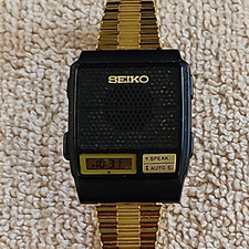 Seiko Speaking Vintage 1980s Quartz Digital Alarm Black/Gold Bracelet 36-39mm picture