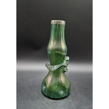 Antique Kralik Iridescent Green Art Glass Vase Ribbed Applied Rigaree Metal Rim picture