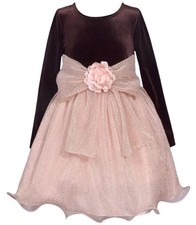 NWT Bonnie Jean Girls 16 Brown Velvet Formal Dress Blush Mesh Bow Flower Sparkle picture