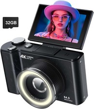 W&O 4K CCD Digital Camera w/ Fill Light, 180° Flip Screen Camera w/ 32GB picture
