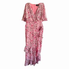 SALONI Pink Floral V-Neck Short Sleeve Ruffle Maxi Long Dress Size M picture