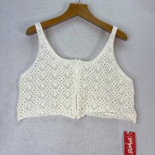 NWT Romwe Cream White Crochet Knit Button Up Crop Tank Top Boho Festival Hippie picture