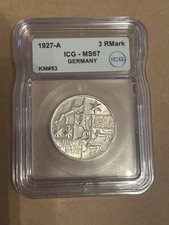 GERMANY WEIMAR 3 MARK 1927A MARBURG SILVER COIN SLABBED ICG MS 67   61 picture