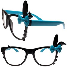 Bunny Ears Fun Party Colorful Cute Heart Accent Black & Blue Clear Lens Glasses picture