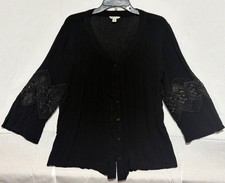 Cato Womens L Black Boho Button Front Blouse Crochet Inset Bell Sleeve Rayon picture