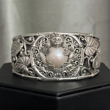 Janyl Sherman Rare Sarda Sterling Monkey Pearl Openwork Floral Cuff Bracelet 6.5 picture