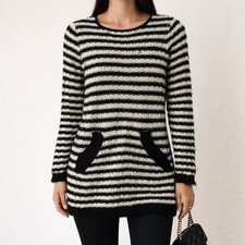 Mirumi Black Butter Cream Striped Eyelash Knit Fuzzy Pocket Sweater Size Small picture