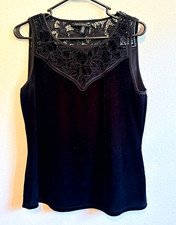 White House Black Market Black Velvet Lace Top M Romantic Goth Witchy Victorian picture