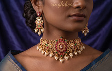 Traditional South Indian Choker & Earrings Set | Gold Plated Necklace with Ruby  picture