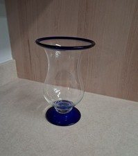 Vintage Cobalt Blue Clear Hand Blown Hurricane Art Glass Pedestal Vase 10” picture