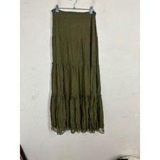 Romwe Olive Green Tiered Maxi Skirt Lace Trim Boho Viscose Size L US 8/10 picture