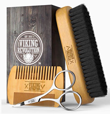 Viking Revolution Beard Grooming Kit Boar Hair Brush Wood Comb Scissors Bag picture