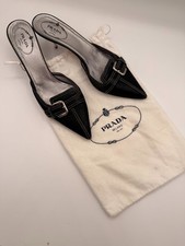 Prada Vintage Black Nubuck Buckle Contrast Stitch Pointed Toe Mules IT 37.5 picture