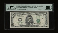 DBR 1988-A $5 Richmond Gem Fr. 1980-E PMG 66 EPQ Serial E00900526E picture