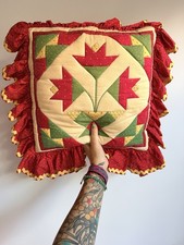 Vintage Handmade Tulip Quilted Pillow Patchwork Ruffle Rick Rack Folk Art 15x15 picture