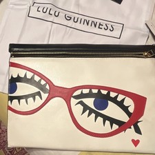 Lulu Guinness Zip Clutch Pouch Graphic Glasses Eyes White/Black Red Lining picture