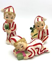 Vintage INARCO Christmas Pixie Elf Figurines Set of 3 Japan Ceramic MCM picture