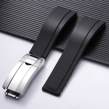 20mm 22mm Curved End Silicone Black Watch Bands Soft Rubber Replacement Strap picture