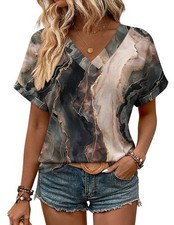 Womens Summer V Neck Shirts Rolled Short Sleeve Casual Dressy Work Blouses Tops picture