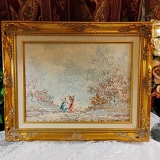 Original Oil Painting Victorian Ladies in Flowering Landscape, Ornate Gold Frame picture