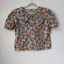 Vintage Bonjour Top Women's Large Blue Red Yellow Floral Wide Collar Cottagecore picture