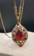 Vtg West Germany Pendant Necklace Red Pink Rhinestone Gold Tone Filigree Signed picture