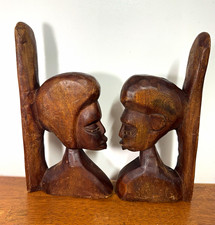 Vintage African Hand Carved Wood Couple Bust Bookends Tribal Folk Art 12