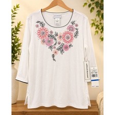 NWT Alfred Dunner Lot of 2 Women’s XL Embroidered Ivory Tops Short & 3/4 Sleeve picture