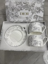 Dior Toile de Jouy Gray White Tiger Porcelain Mug Tea Cup Saucer Set for 2 Gift picture