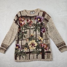 Tiara International Vintage Floral Brown Knit  Sweater Womens Size M Cottagecore picture