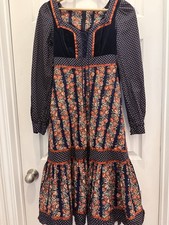 Vintage 70s Gunne Sax Jessica San Francisco Navy Floral Velvet Midi Dress Size 7 picture