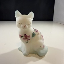 Vintage Fenton Glass White Opal Satin Glass Floral Sitting Cat Figure- Signed picture