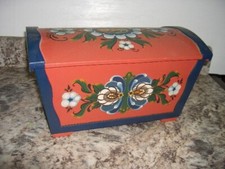 Vintage Norwegian Jewelry wood Trunk Sewing Box Rosemaling signed JoAnn Copeland picture