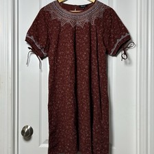 Madewell Burgundy Ditsy Floral Crinkle Embroidered Yoke Mini Dress Boho Style picture