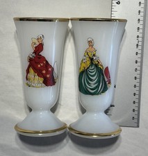Pair of Vintage French Mazagran Cups Milk Glass Gold Rim Colonial Women 6 Inch picture