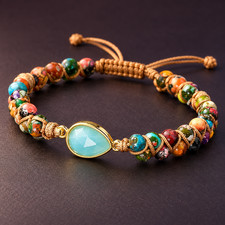 NATURAL AMAZONITE TEARDROP BRACELET MULTICOLOR BEADED CHAKRA  BOHO ADJUSTABLE picture
