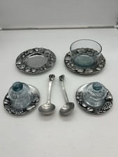 9 Pc Pewter Metal Floral Fruit Butter Dish Candle Holder Serving Platter Decor picture