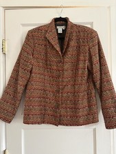 M Fall Jacket Coldwater Creek Women Brown Orange Green Gold Boucle Tweed Blazer picture