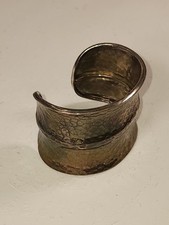 Vintage Hammered Wide Cuff Bracelet Statement Chunky Modernist Silver Tone 75g picture
