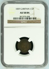 1839 Great Britain Victoria 1/2 Farthing NGC AU 58 BN picture