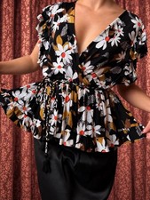 Vintage black pop art daisy rayon gauze blouse picture