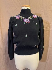 Vintage Herman Geist Hand Embroidered Floral Wool Blend Sweater Cottagecore L picture