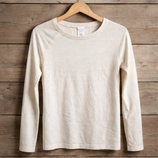 Athleta M Momentum Cream Metallic Striped Seamless Long Sleeve Thumbhole Top NWT picture